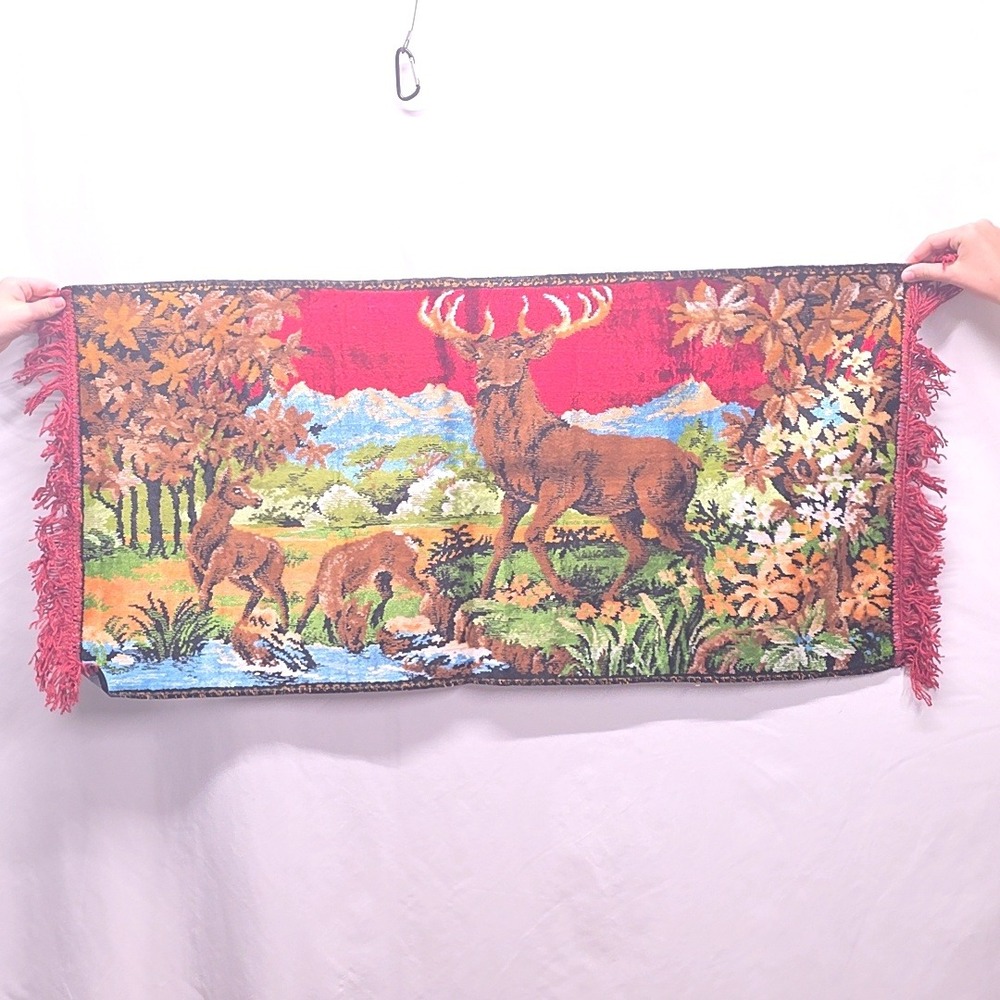 Vintage Wall Hanging Tapestry Red Woven Deer Buck Forest Velvety Fringed